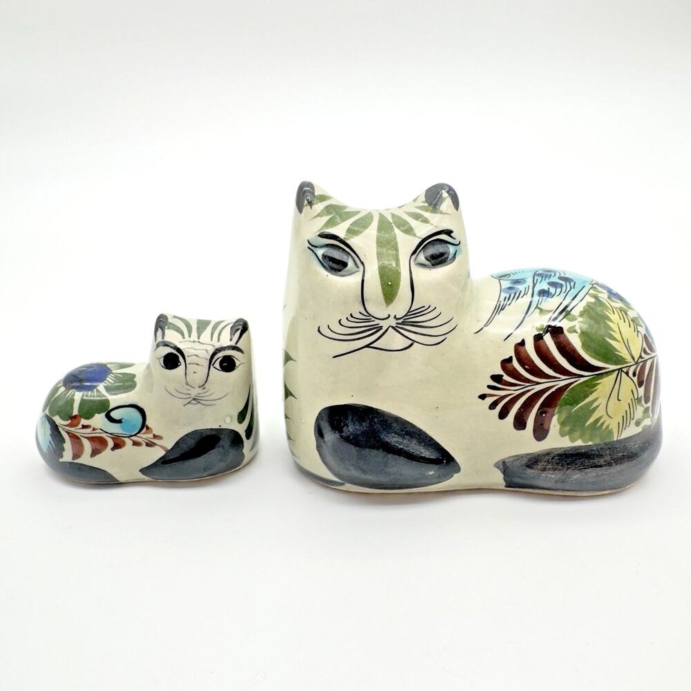 Vintage Tonala Cat Kitten Hand Painted Pottery Signed Folk Art Mexico Lot of 2